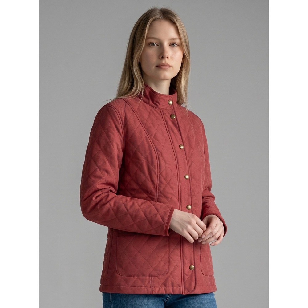 Orvis Womens Red Diamond Quilted Barn Jacket Plaid Lined Mock Neck OR-13BR M